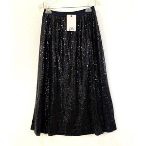 NWT DR2 Size Small Navy Blue Sequin Lined Elastic Waist Midi Skirt